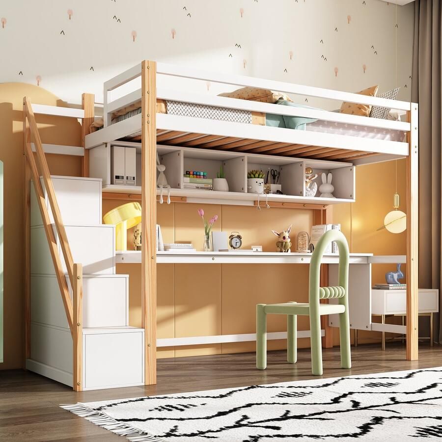 Sweiko Kinderloft bed met bergtrap 90*200cm gemaakt van dennenhout stapelbed kinderbedje met groot bureau en planken milieuvriendelijke kleuren natuurlijk en wit