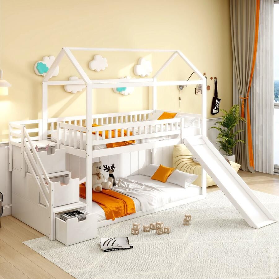 Sweiko Kindertweepersoonsbed 90*200 cm Tweepersoonsbed met glijbaan en opbergladder hoge hekstructuur massief houten bedframe Vlak noedelsframe Wit