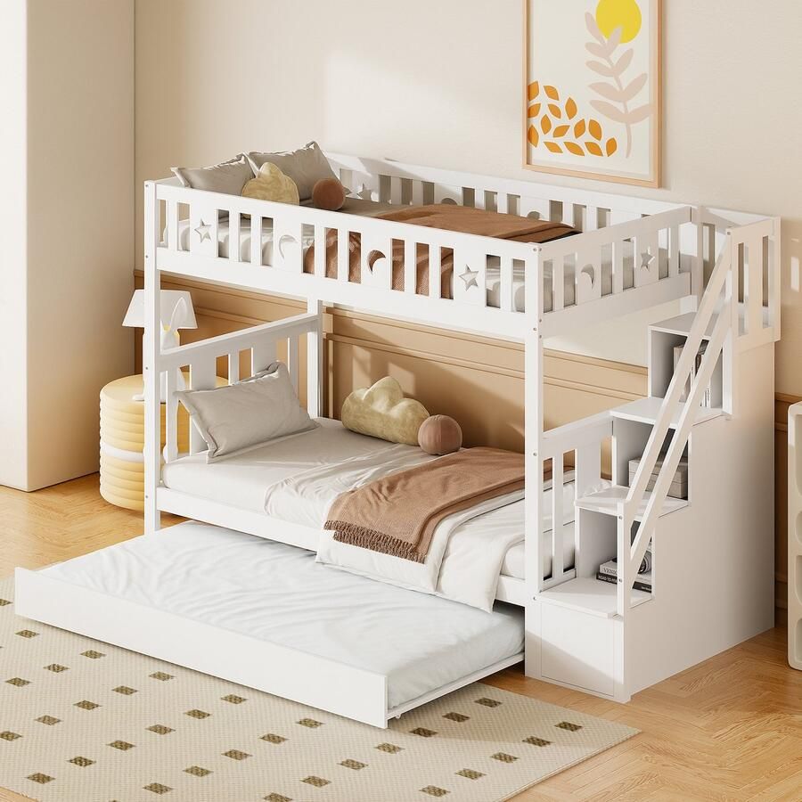 Sweiko Kindertweepersoonsbed 90x200cm Massief Houten Tweepersoonsbed Uitschuifbaar bed 90x190cm met veiligheidstrap planken Vlak noedelsframe Wit (Geen matras)