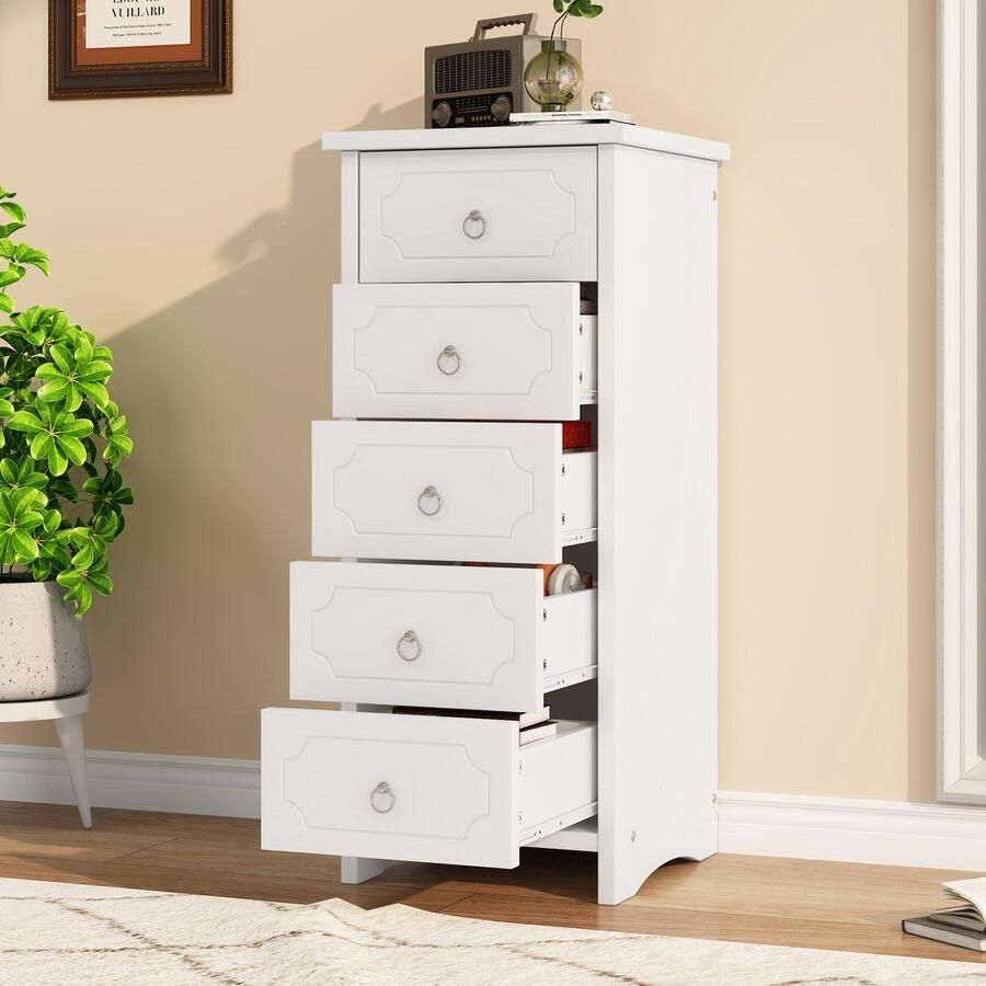 Sweiko Klassieke ladekast Opslagkast Stille dia 5-lade kast Ronde metalen handvat reliëf lijnen opslagruimte voor woonkamer en slaapkamer MDF+spaanplaat Wit