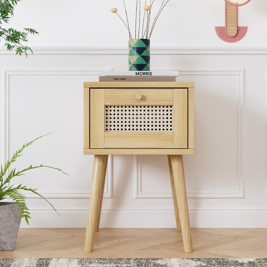 Sweiko Klassieke Nachtkastje met lades Rotan Ladeblad Gouden metalen Handgrepen en lange houten poten opbergruimte voor woonkamer en slaapkamer spaanplaat+PE rotan Houtkleur