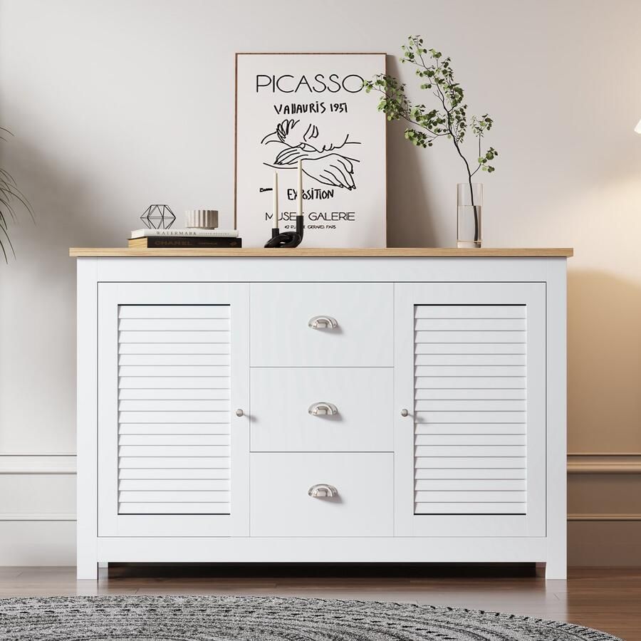 Sweiko Klassieke opbergkast dressoir met 2-deuren en 3-laden geschilderd MDF ladekast met metalen handvatten wit