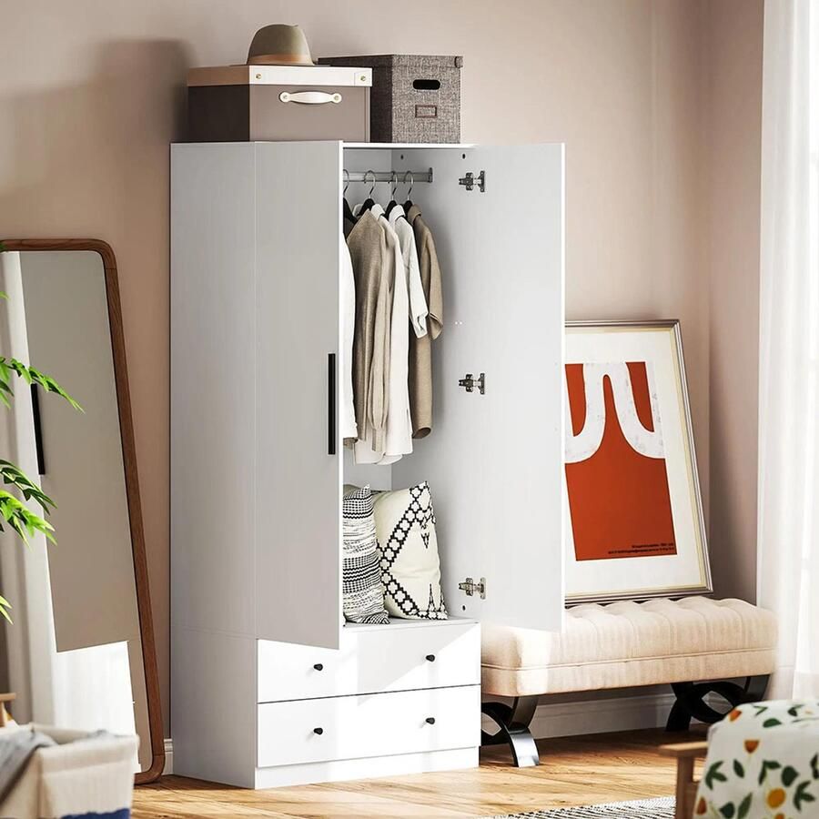 Sweiko Kledingkast 2 Deuren met Hangruimte + Kledingstang 2 Lades Spaanplaat Wit