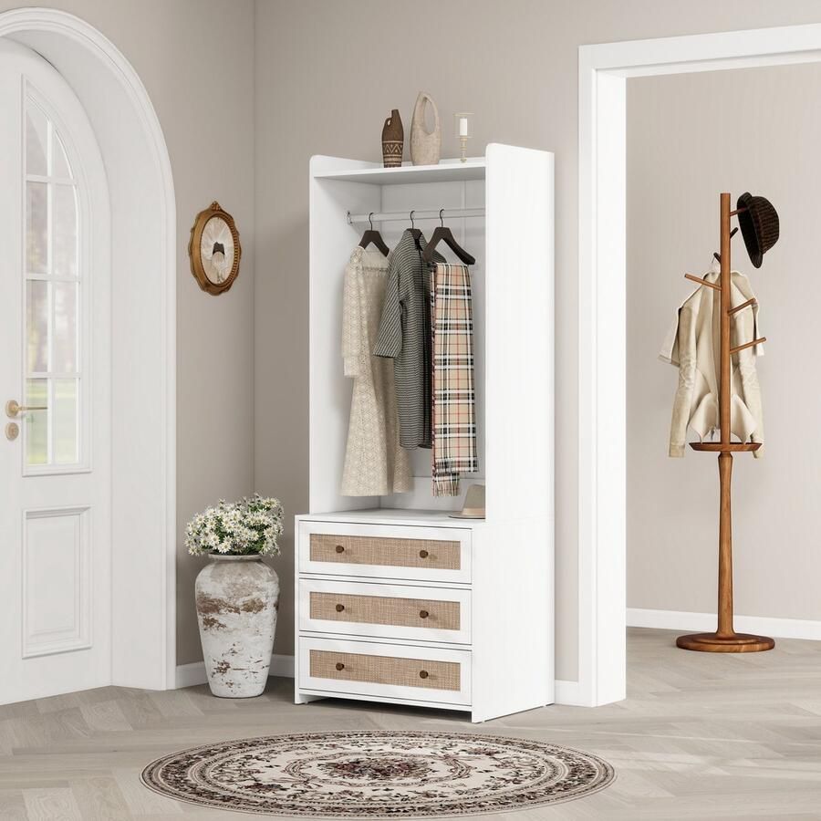 Sweiko Kledingkast 3 lades Met kledingstang Wit + naturel