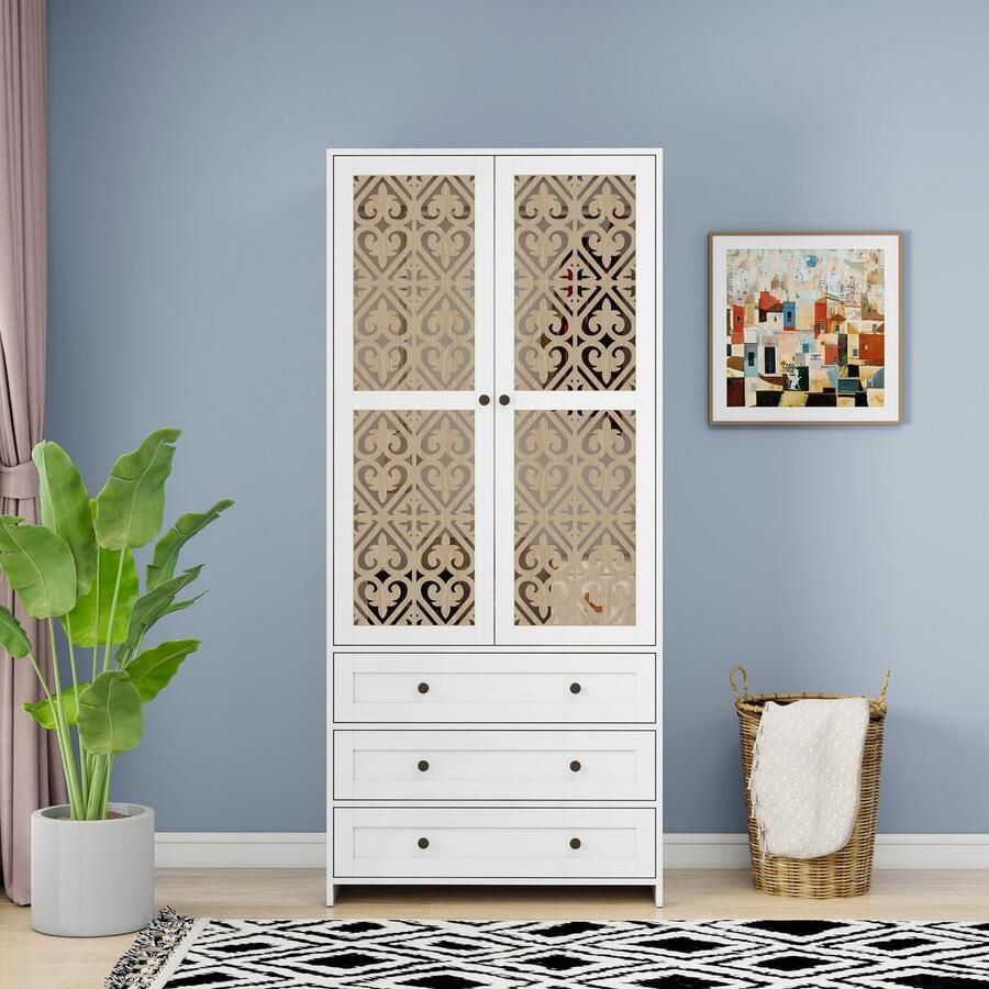 Sweiko Kledingkast Opengewerkte deuren 3 lades Met kledingstang Wit + naturel