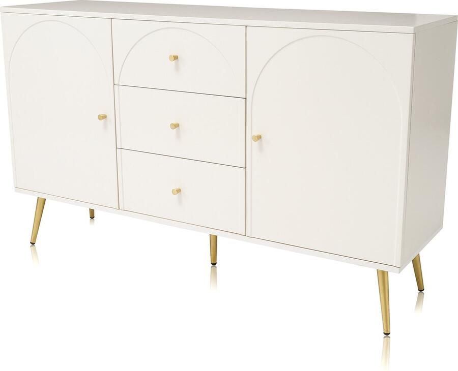 Sweiko Komode met 2-deurs en 3-lades Witte deurkasten met lade Verstelbare plank voor woonkamer slaapkamer Crèmewit H84 B140 T40 cm - Foto 2