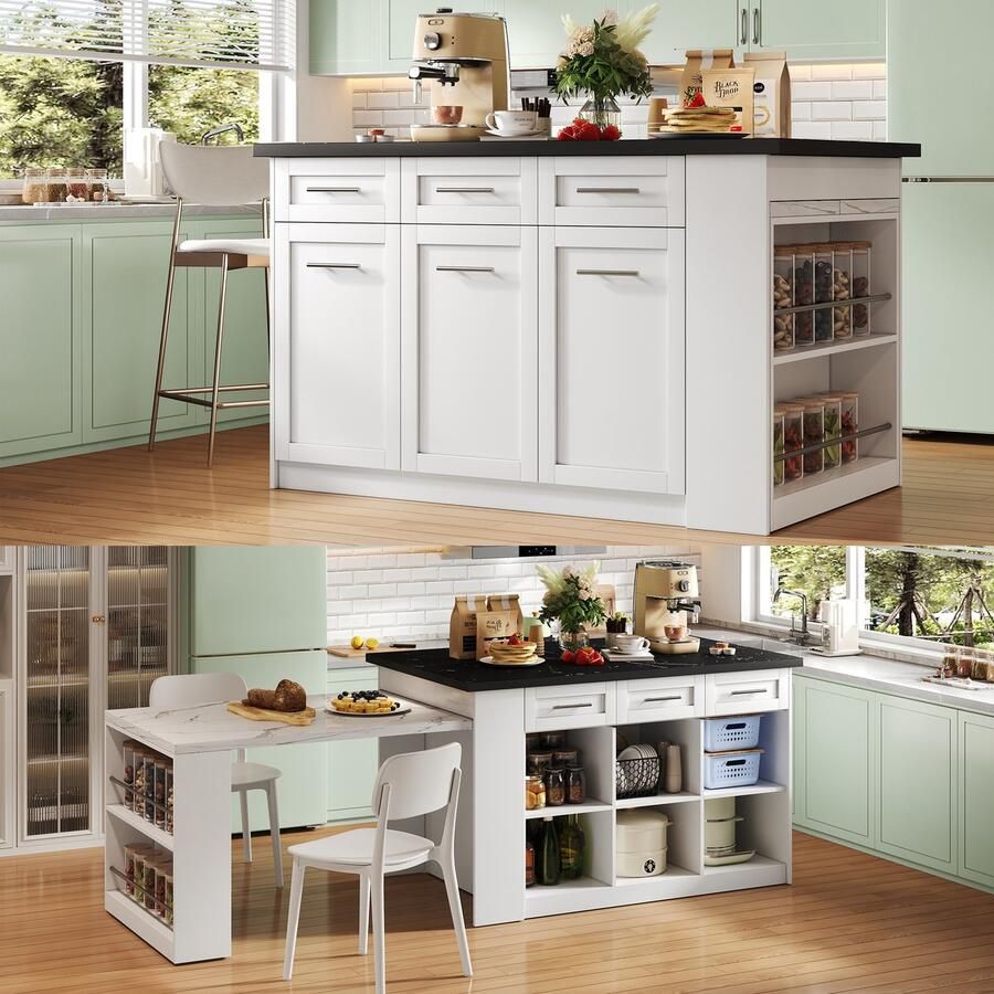 Sweiko Kookeiland 150 cm + 96 cm Uitschuifbaar Zwart gemarmerd blad 6 laden Opbergkast Wit