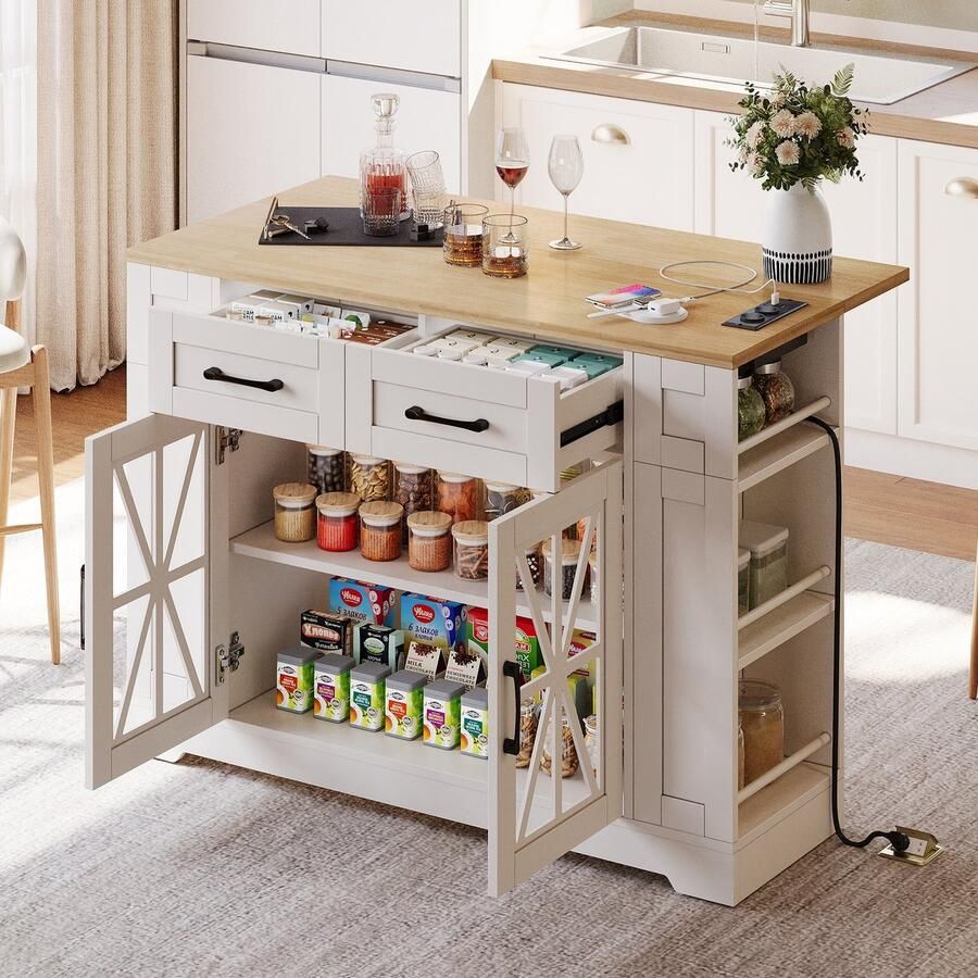 Sweiko Kookeiland Houten eettafel Verstelbare planken USB-poort Glazen deur Met wielen Wit