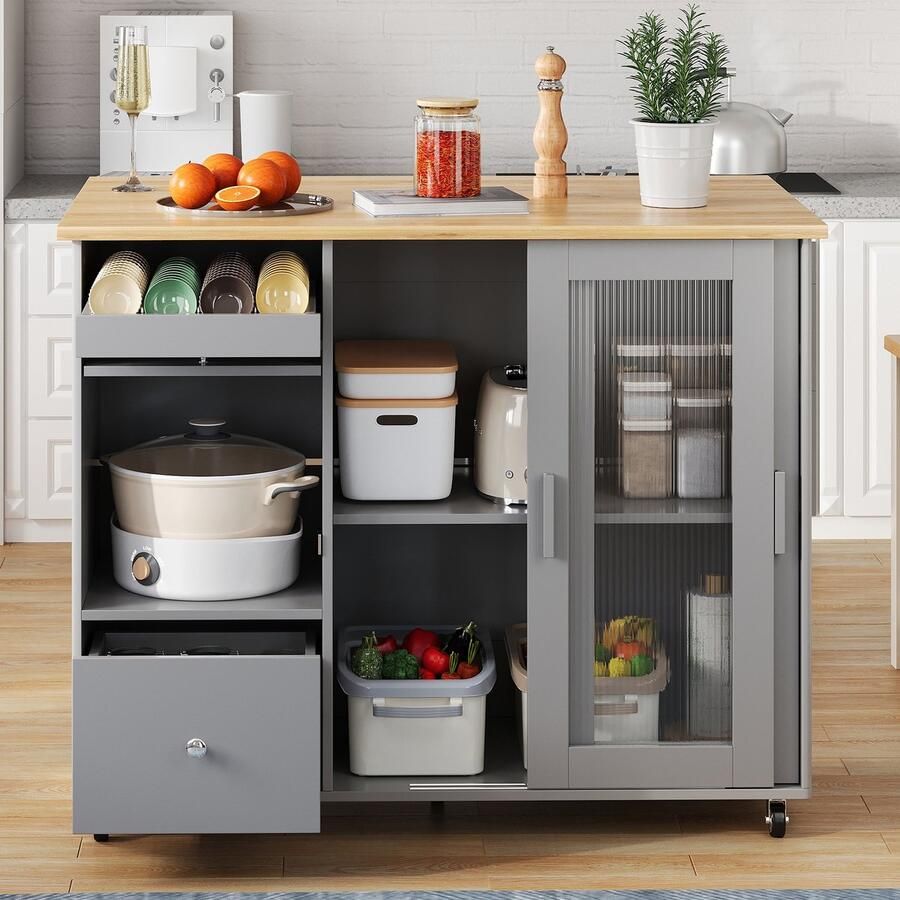 Sweiko Kookeiland trolley Eiken afwerking Wijnrek lade Glazen schuifdeuren Verstelbare planken Grijs