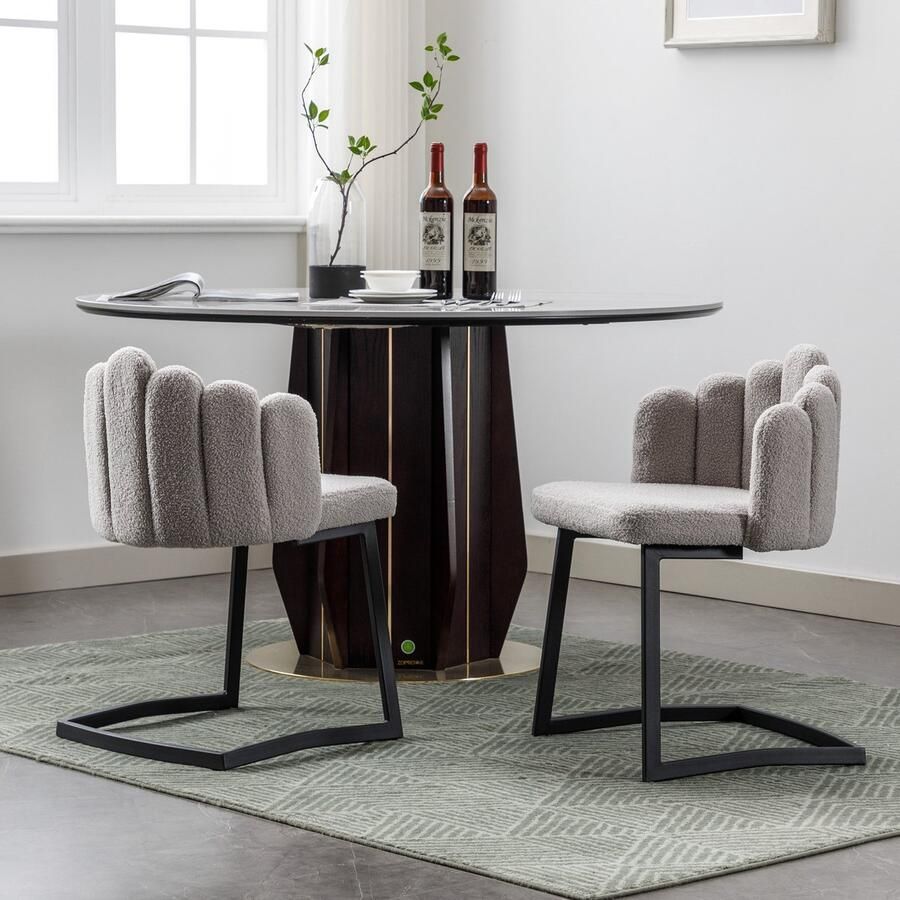 Sweiko Kunstmatig lamsvloeweel Eetkamerstoelen 2 delige set Slaapkamer en woonkamer stoelen moderne vrije tijd stoelen L-vormige frame bloemblad stoel Grijs