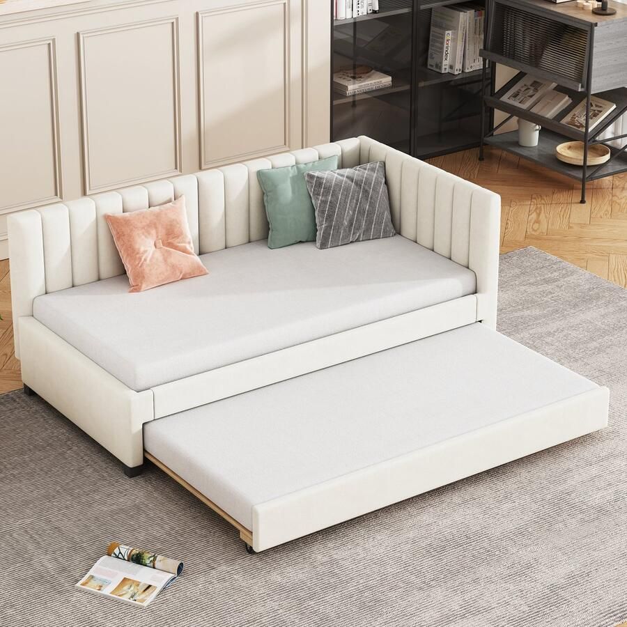 Sweiko Kussenbed 90*200cm Uitschuifbare slaapbank Platte noedelsframe multifunctioneel bed jeugdbed kinderbed gastenbed fluwelen stof Beige
