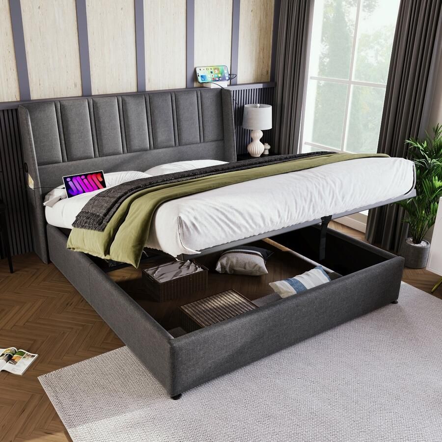 Sweiko Kussenbed Opbergbed USB Type-C Oplaadaansluiting Zijtas Hydraulisch 160x200cm houten Platte noedelsvoet bed met metalen frame Platte noedelsvoet linnen Grijs (Zonder matras)