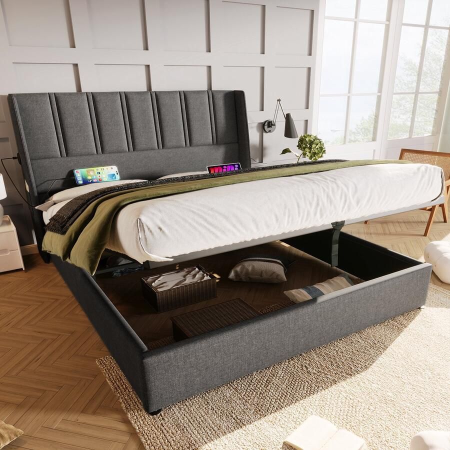 Sweiko Kussenbed Opbergbed USB Type-C Oplaadaansluiting Zijtas Hydraulisch 180x200cm houten Platte noedelsvoet bed met metalen frame Platte noedelsvoet linnen Grijs (Zonder matras)