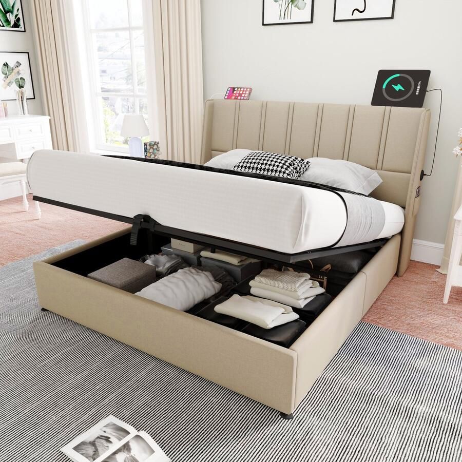 Sweiko Kussenbed Opbergbed USB Type-C Oplaadaansluiting Zijtas Hydraulisch 160x200cm houten Platte noedelsvoet bed met metalen frame Platte noedelsvoet linnen Beige (Zonder matras)