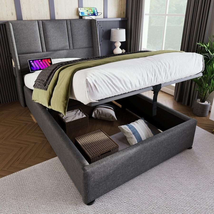 Sweiko Kussenbed Opbergbed USB Type-C Oplaadaansluiting Zijtas Hydraulisch Eenpersoonsbed 90x200cm houten Platte noedelsvoet bed met metalen frame Platte noedelsvoet linnen Grijs (Zonder matras)
