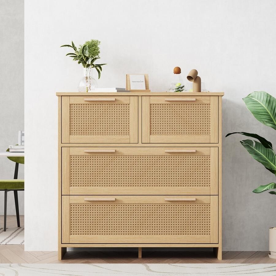 Sweiko Hoge kwaliteit 4-lade rotan Ladekast met massief houten handvatten geschikt voor slaapkamer woonkamer eetkamer hal B80 H80 T38 cm