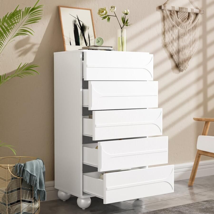 Sweiko Ladekast 5 laden Reliëfdesign Metalen poten Afgeronde hoeken Wit