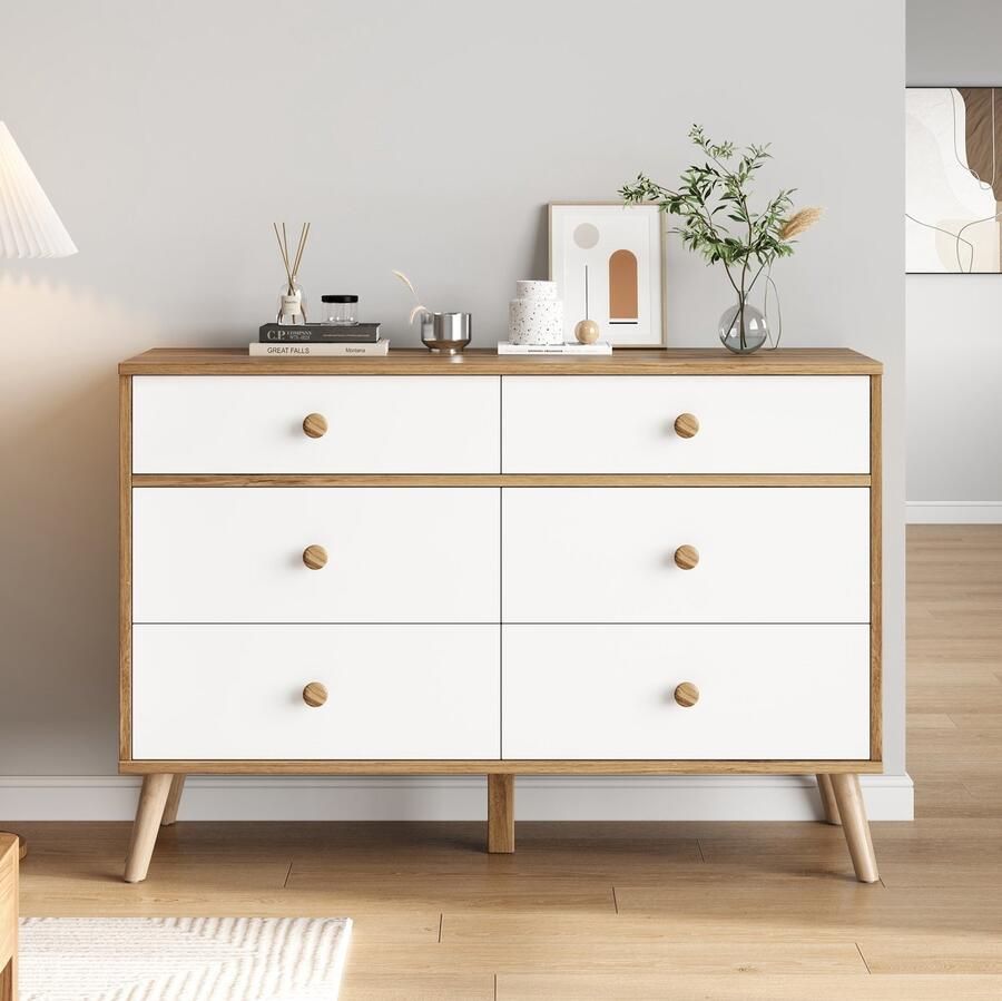 Sweiko Ladekast 6 Lades Naturelkleurig Dressoir Wit
