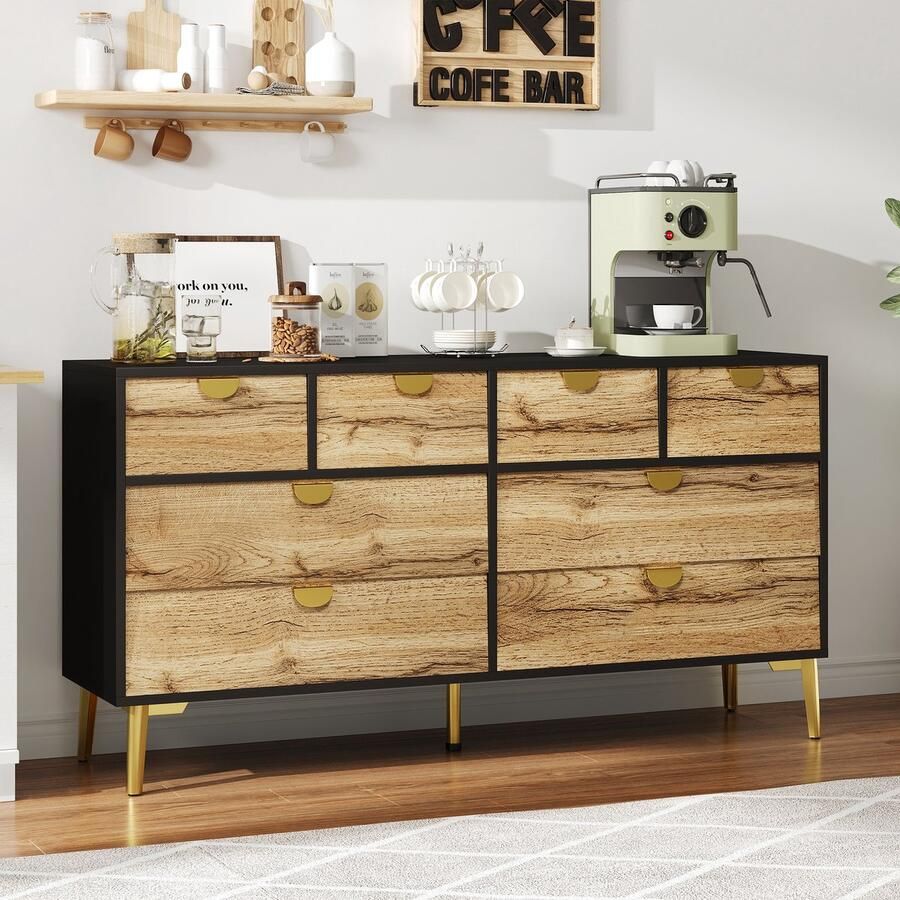 Sweiko Ladekast 8 laden Dressoir Metalen handgrepen Zwart + Originele houtkleur