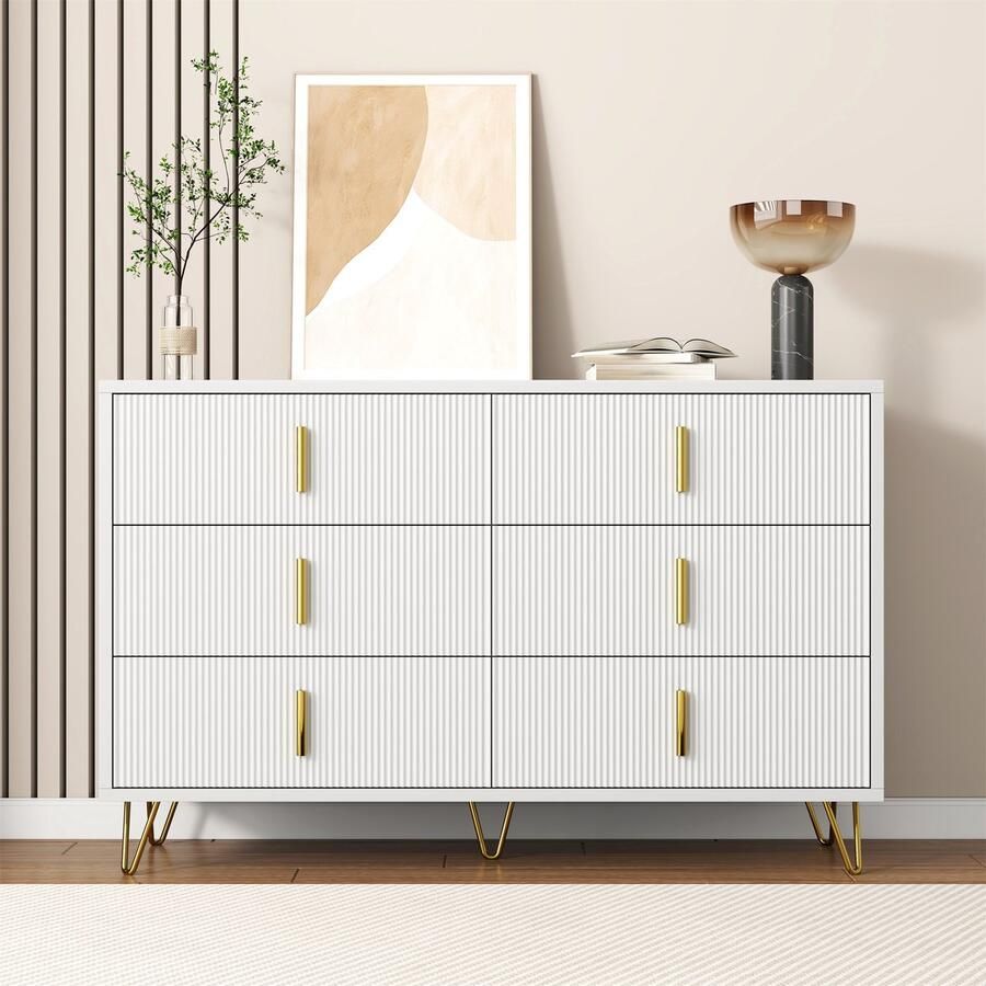 Sweiko Ladekast Dressoir 6 laden Gouden handgrepen Wit