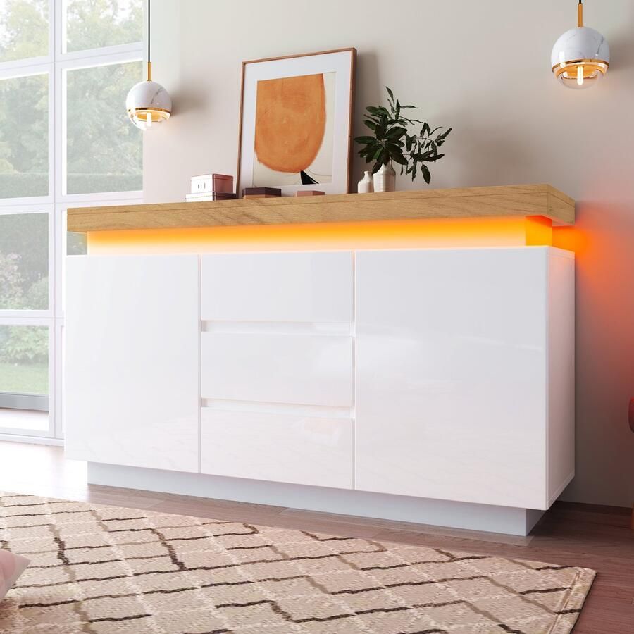 Sweiko Ladekast Hoogglans dressoir 2 deuren 3 laden LED verlichting 81 x 140 x 39 cm Wit