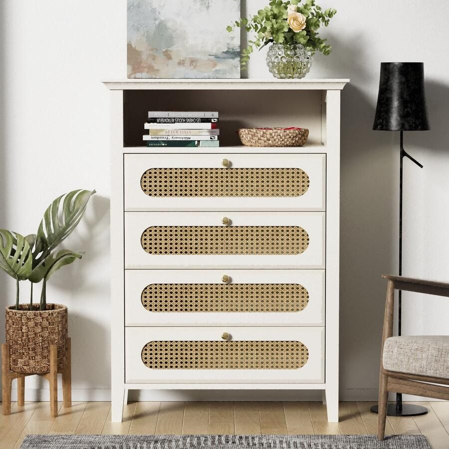Sweiko Ladekast Kast kleine commode met Rotan Massief houten poten Gelakt oppervlak Wit