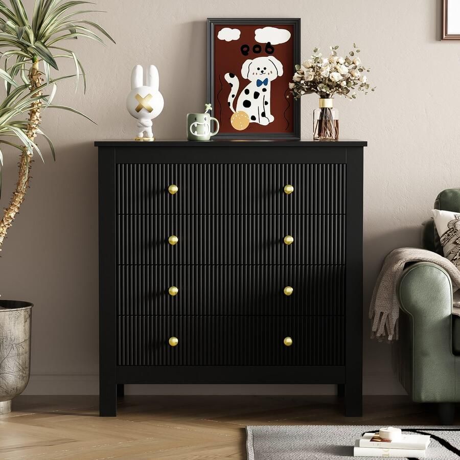 Sweiko Ladekast met Vijf Lades Commode Verticale Gestreepte Gouden handvatten Kaptafel Zwart