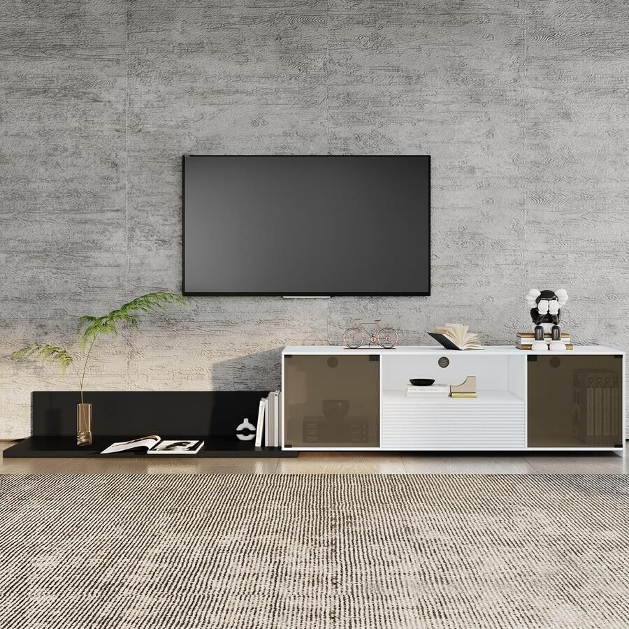 Sweiko Lange TV standaard TV kast met LED-verlichting en schuifontwerp voor een 60-inch TV marmeren geaderd tafelblad en elegant glazen ontwerp Met 2-deuren een lade en een open vak
