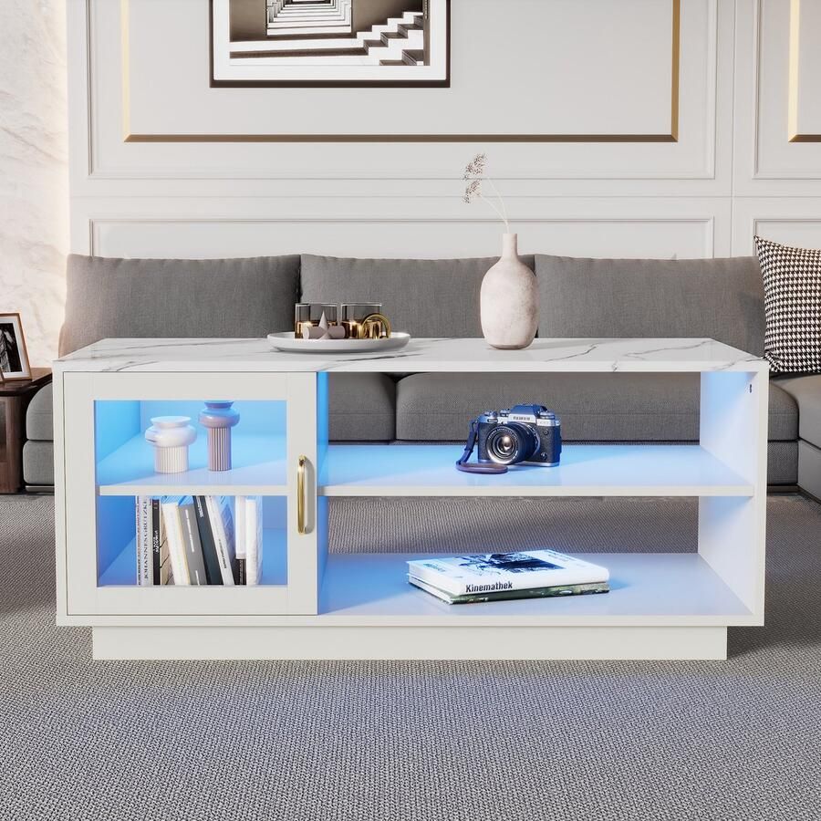 Sweiko LED highlight salontafel Sofa tafel Woonkamer tafel Centrale tafel met opbergruimte woonkamer tafel met afstandsbediening LED licht Wit