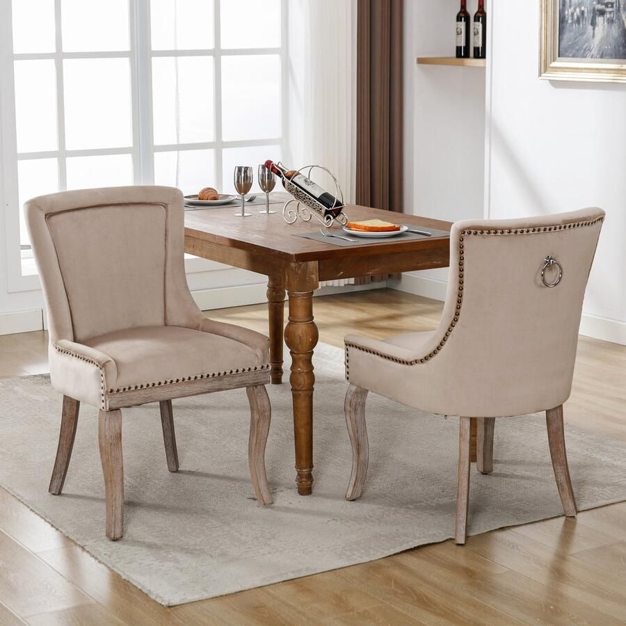 Sweiko Luxe Eetkamerstoelen (Keukenstoelen Woonkamer Stoelen 2-delige) Zachte Kussens stoelen met spijkerhoofd decoratie massief houten poten fluwelen cover beige kleur