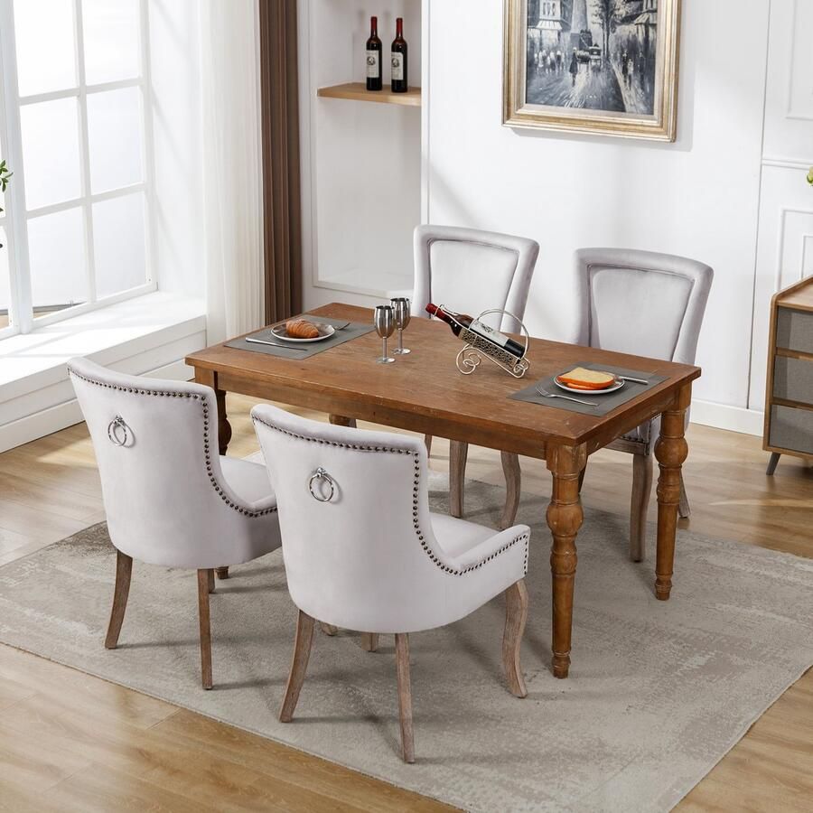 Sweiko Luxe Eetkamerstoelen (Keukenstoelen Woonkamerstoelen 4-delige) Gestoffeerde stoelen met nagelkoppen massief houten poten fluwelen hoezen Grijs (geen tafel)