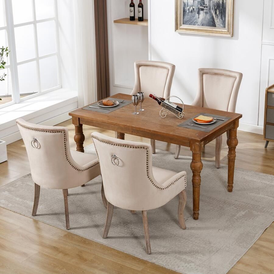 Sweiko Luxe Eetkamerstoelen (Keukenstoelen Woonkamerstoelen 4-delige) Gestoffeerde stoelen met nagelkoppen massief houten poten fluwelen hoezen Beige (geen tafel)
