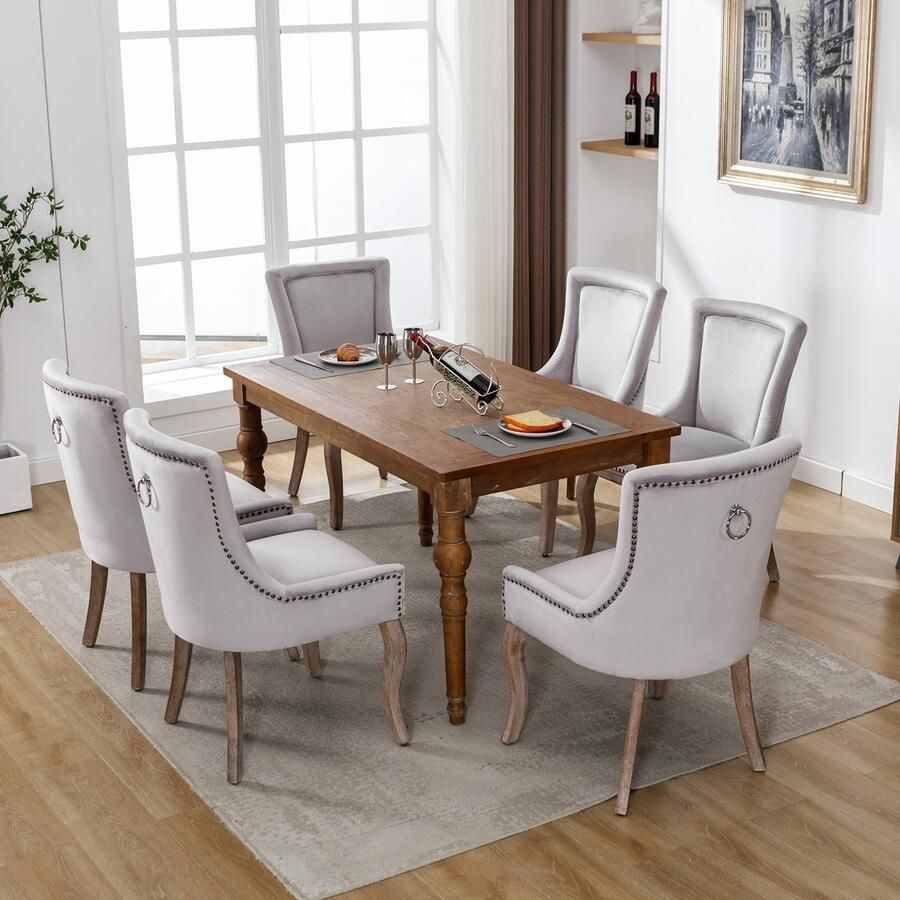 Sweiko Luxe Eetkamerstoelen (Keukenstoelen Woonkamerstoelen 6-delige) Gestoffeerde stoelen met nagelkoppen massief houten poten fluwelen hoezen Grijs (geen tafel)