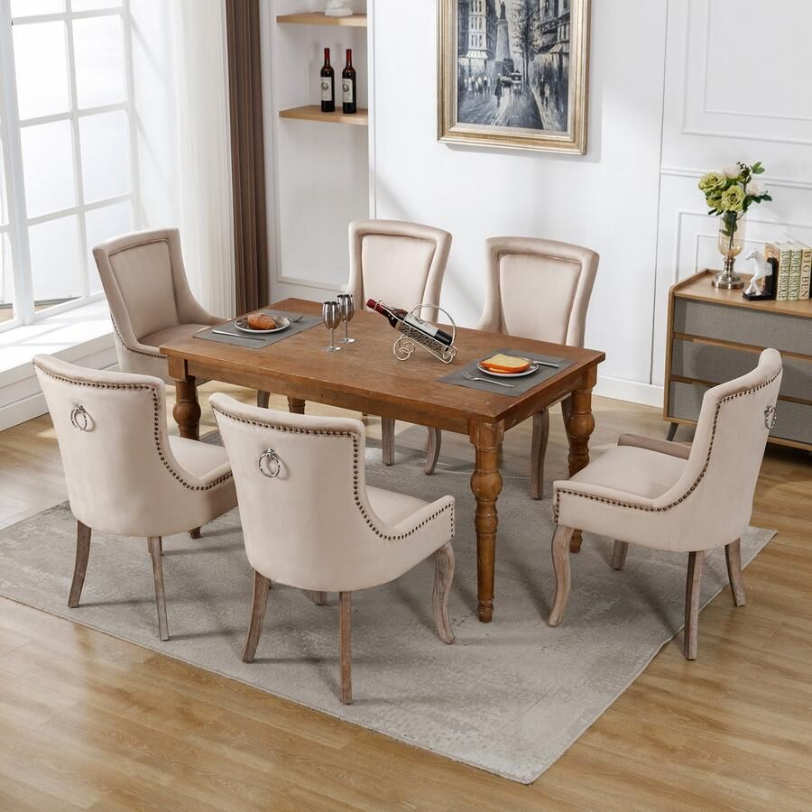 Sweiko Luxe Eetkamerstoelen (Keukenstoelen Woonkamerstoelen 6-delige) Gestoffeerde stoelen met nagelkoppen massief houten poten fluwelen hoezen Beige (geen tafel)