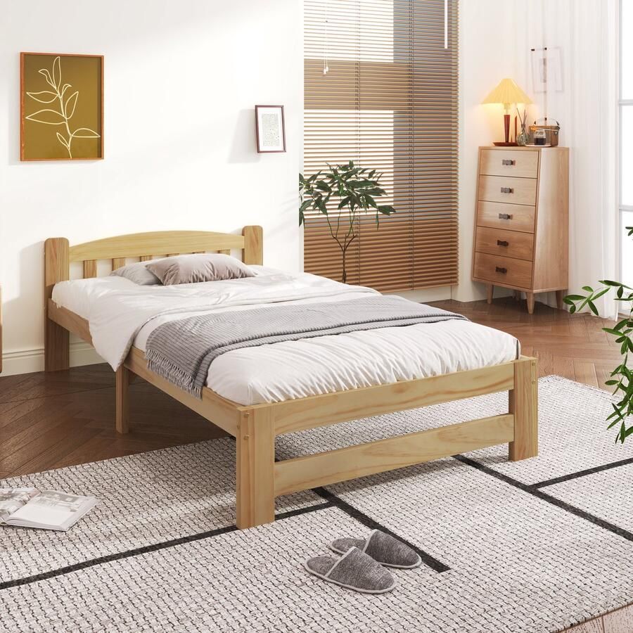 Sweiko Massief houten bed futon bed Eenpersoonsbed 90x200cm Massief houten natuurlijke bed met hoofdeinde en platte noedelslijst jeugdbed volwassen bed natuurlijk