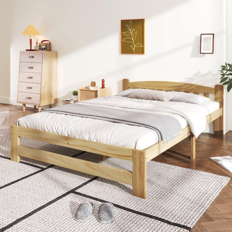 Sweiko Sweiok Massief Houten bed Futon bed Tweepersoonsbed Massief Houten Natuurlijke bed met hoofdeinde en platte noedelslijst jeugdbed volwassen bed Natuurlijk 140x200cm(Geen matras)