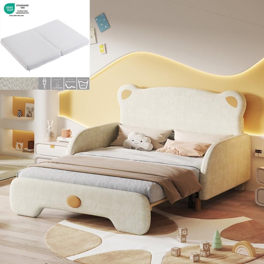 Sweiko (Met matras) Kinderbedje in Berenvorm Gewatteerd bed Tweepersoonsbed Dagbed Uitschuifbaar bed met zachte beschermende randen met houten latten fluweel beige (140x110cm&140x200cm) Matras in witte spons