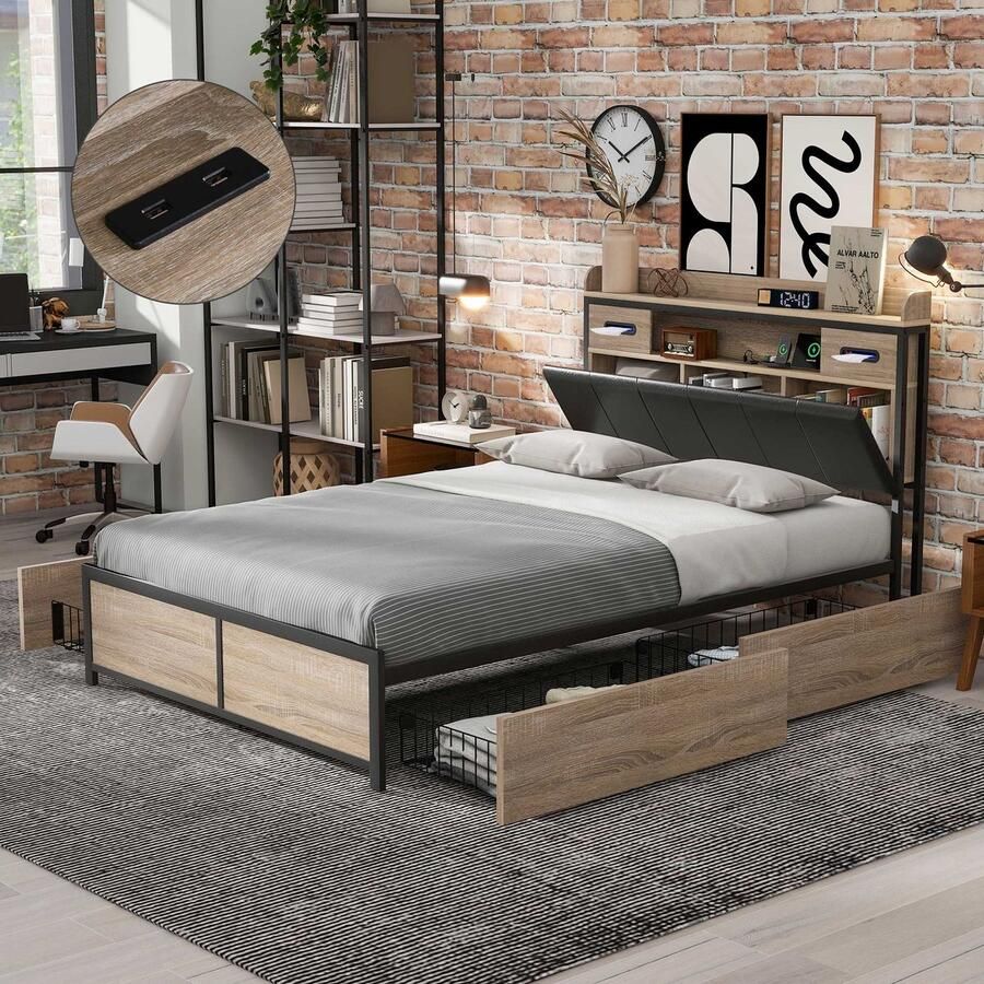 Sweiko Metalen bed 140 x 200cm Jeugdbedden Tweepersoonsbed met 4 lades USB-poort Opslag hoofdeinde en metalen lattenboden Zonder matras voor Volwassenen Kinderen Tieners Eik en Zwart