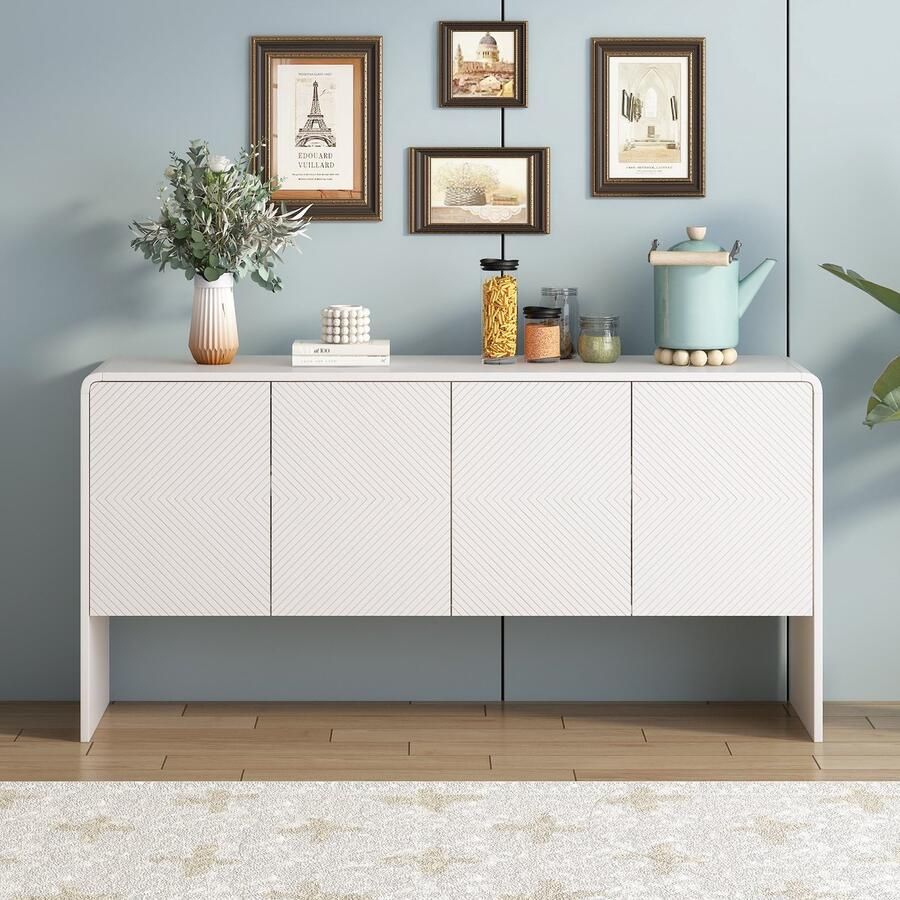 Sweiko Minimalistische stijl Groot opberg dressoir met 4-deurs en terugslagapparaat voor woonkamer en entree Wit