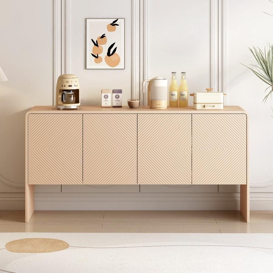 Sweiko Minimalistische stijl Groot opberg dressoir met 4-deurs en terugslagapparaat voor woonkamer en entree beige