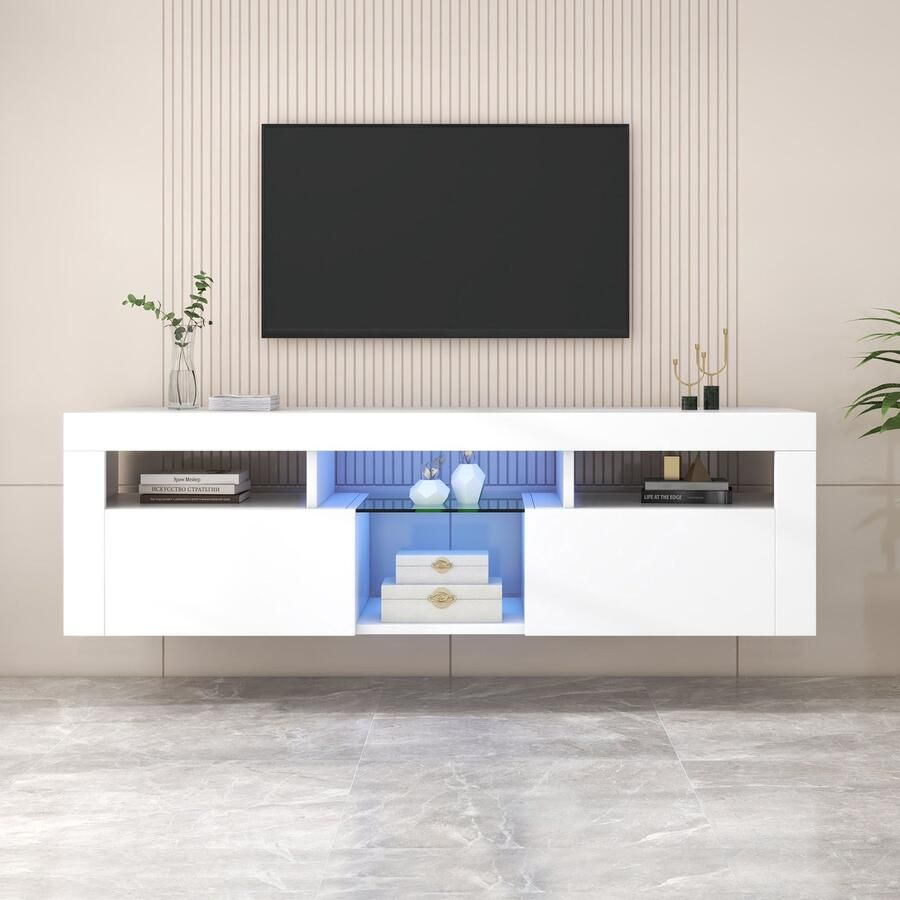 Sweiko Modern 140 cm groot wit glanzend TV stand met LED verlichting vloerstaande en hangende TV kast TV bord TV lowboard – een veelzijdige opbergoplossing voor uw woonkamer