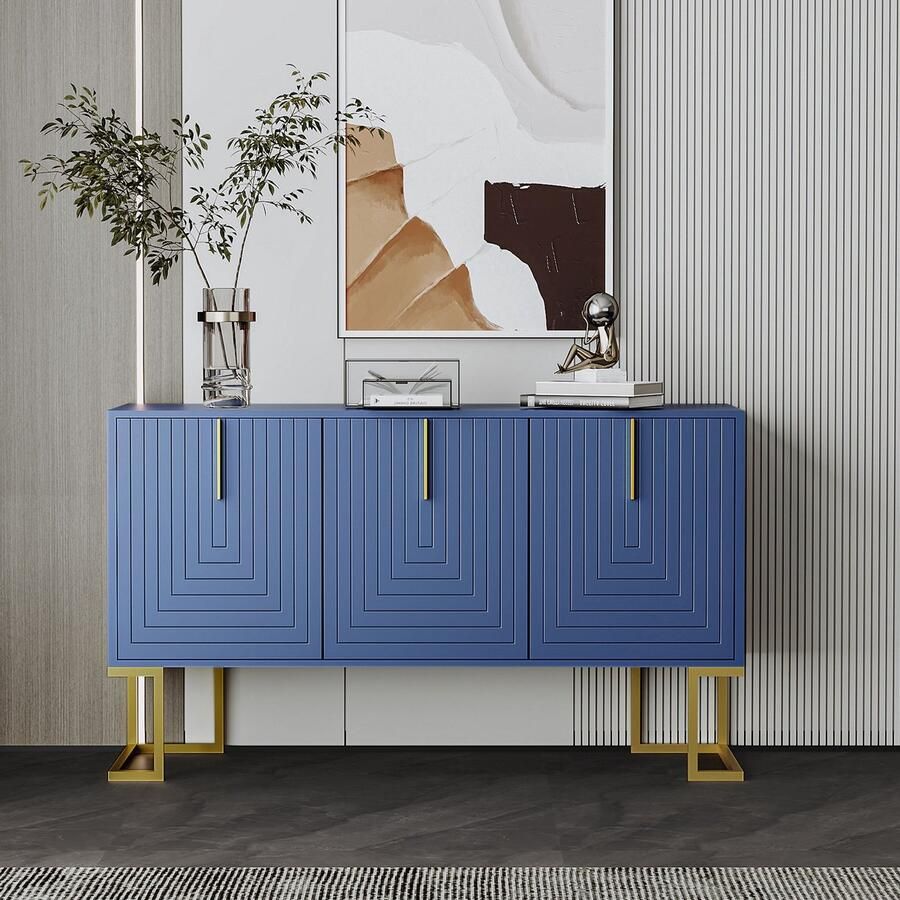 Sweiko Modern 3-deurs Dressoir met verstelbare planken U-vormige kastdeuren en metalen handgrepen en voet voor eetkamer en keuken Blauw