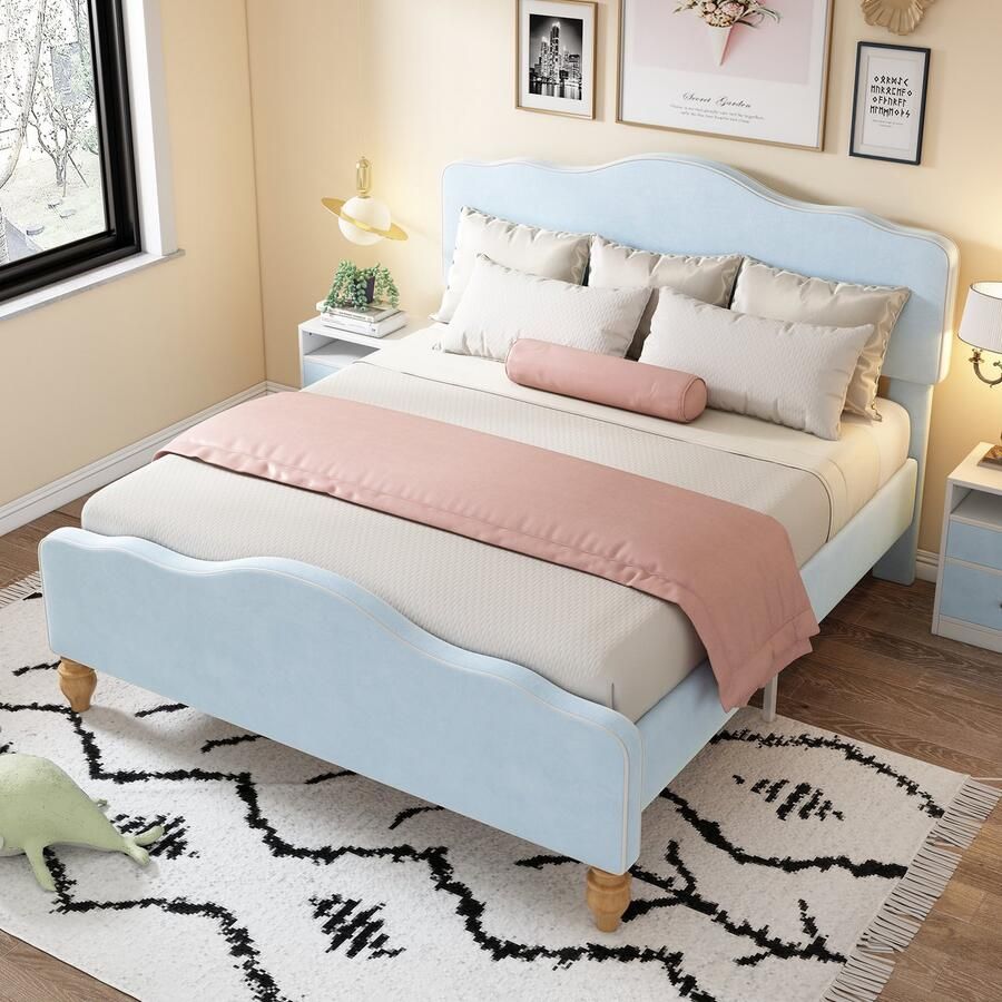 Sweiko Modern design gestoffeerd bed in Europese stijl volwassen bed jeugdbed met golvend hoofd- en voetbord tweepersoonsbed met houten lattenboden fluweel Blauw (140x200cm)