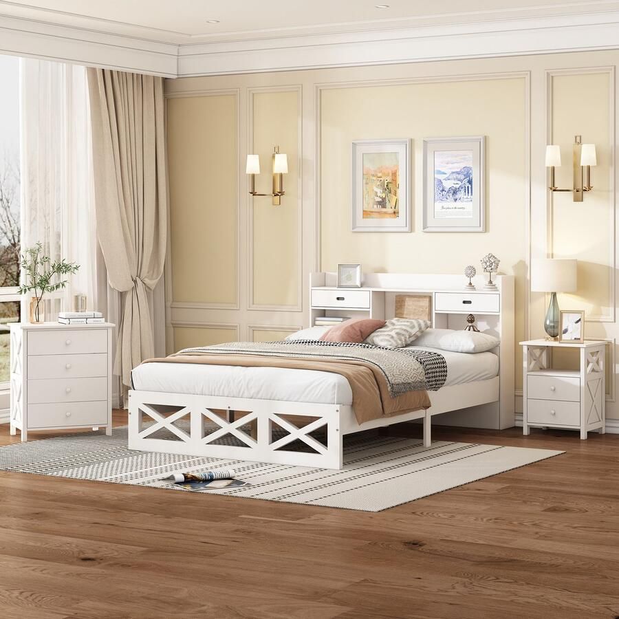 Sweiko Modern design Houten Bed + Nachtkastje + Commode Complete slaapkamer set 140x200 cm Tweepersoonsbed met opbergfunctie Nachtkastje met 2 lades en één vak met X patroon spaanplaat MDF Wit