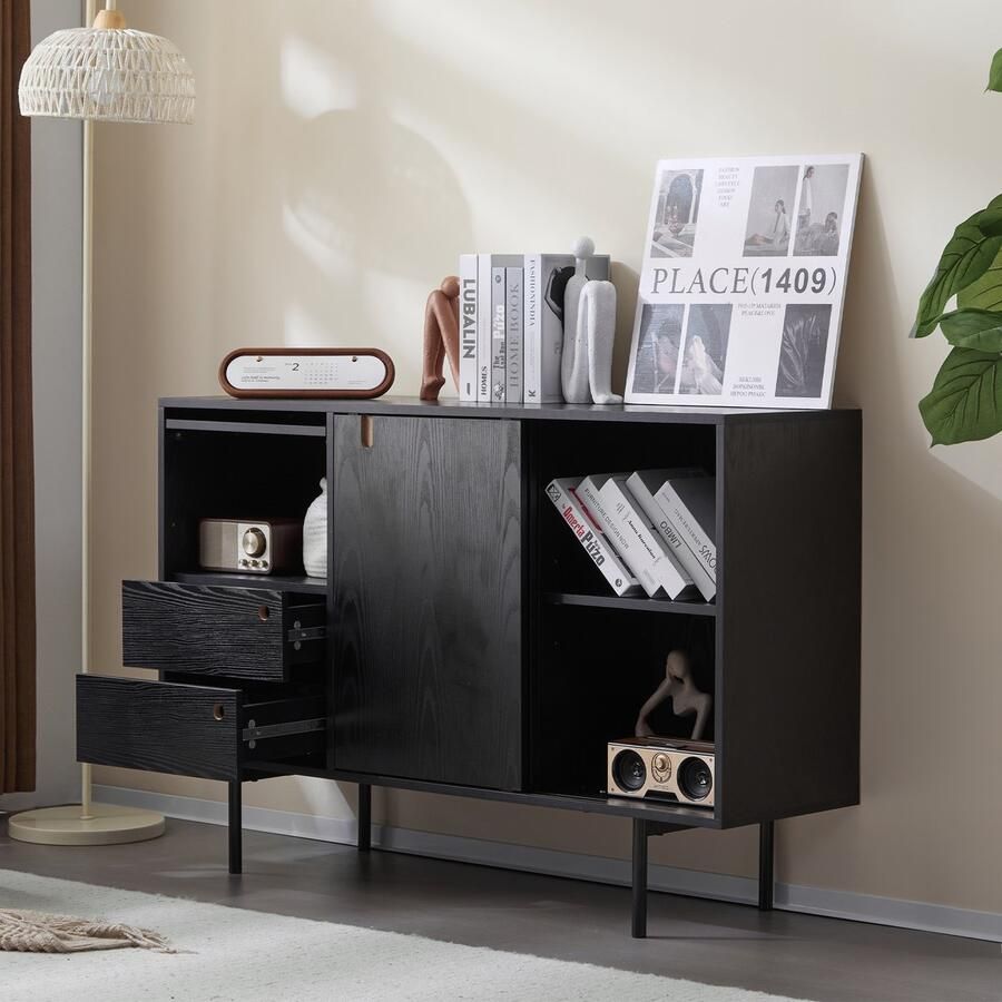 Sweiko Modern dressoir houtnerfdesign met 2 laden en 3 deuren zonder handgrepen 120*35*78 cm zwart