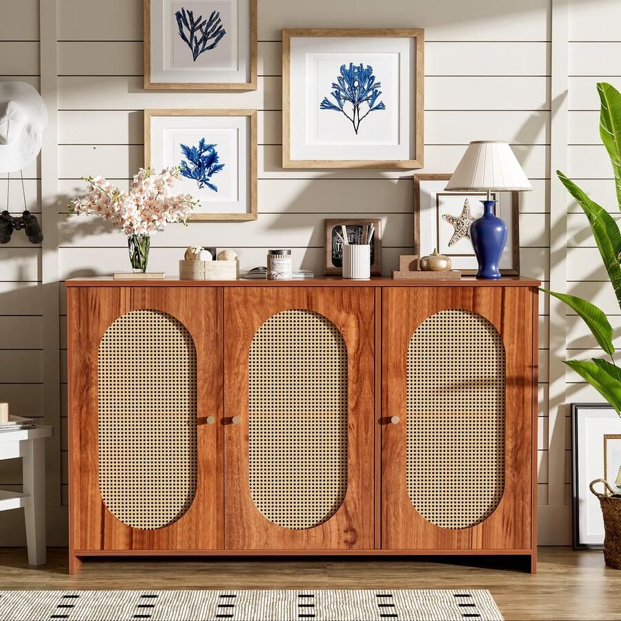 Sweiko Modern Dressoir met 3 Deuren Grote Opbergruimte Deuren van imitatierattan en Metalen Handgrepen Walnoot