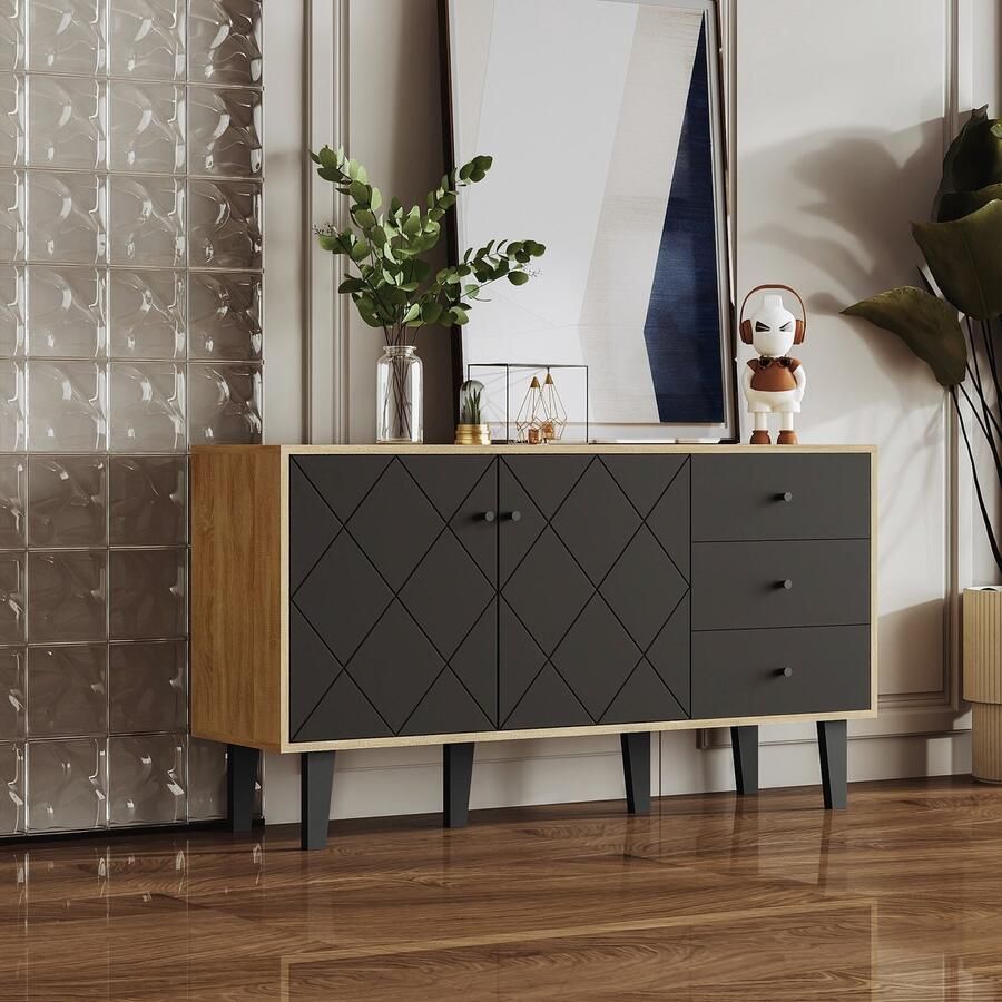 Sweiko Modern dressoir met grote opbergruimte twee deuren en drie lades met een verstelbare plank voor eetkamer woonkamer of keuken Zwart