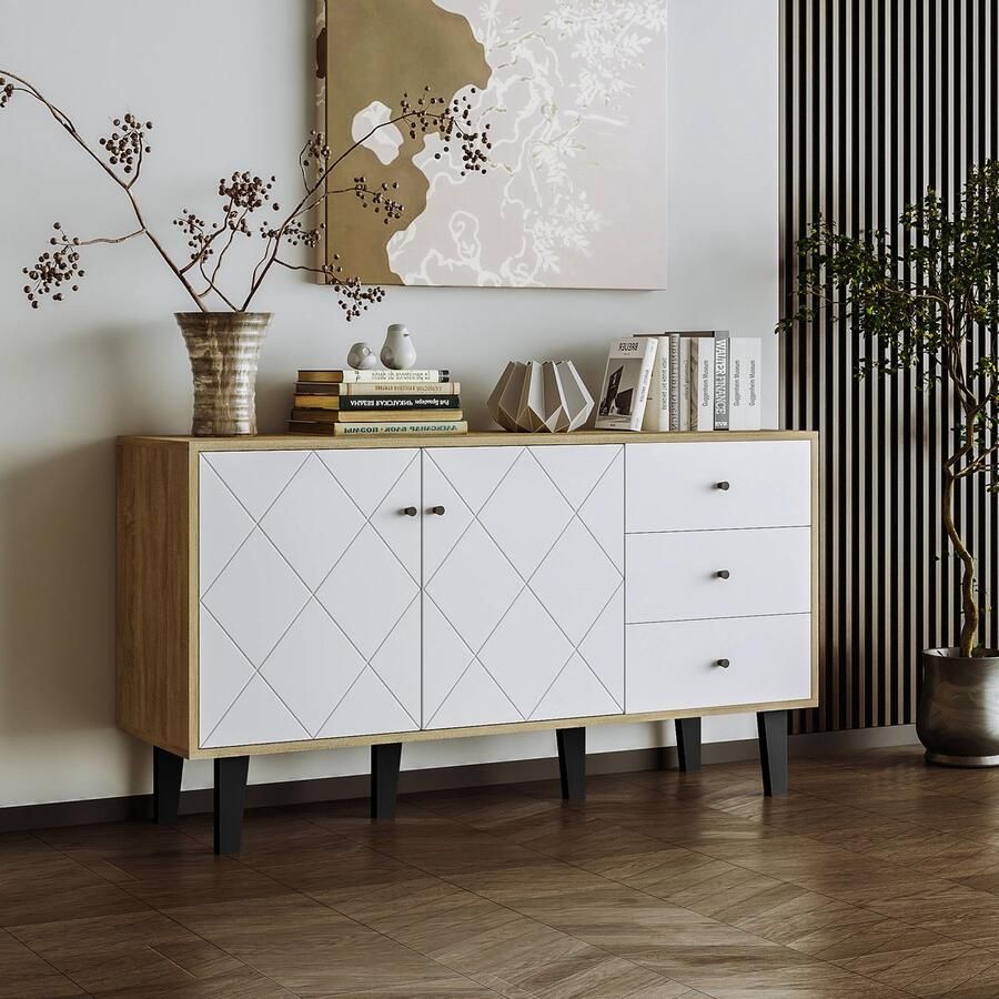 Sweiko Modern dressoir met grote opbergruimte twee deuren en drie lades met een verstelbare plank voor eetkamer woonkamer of keuken Wit