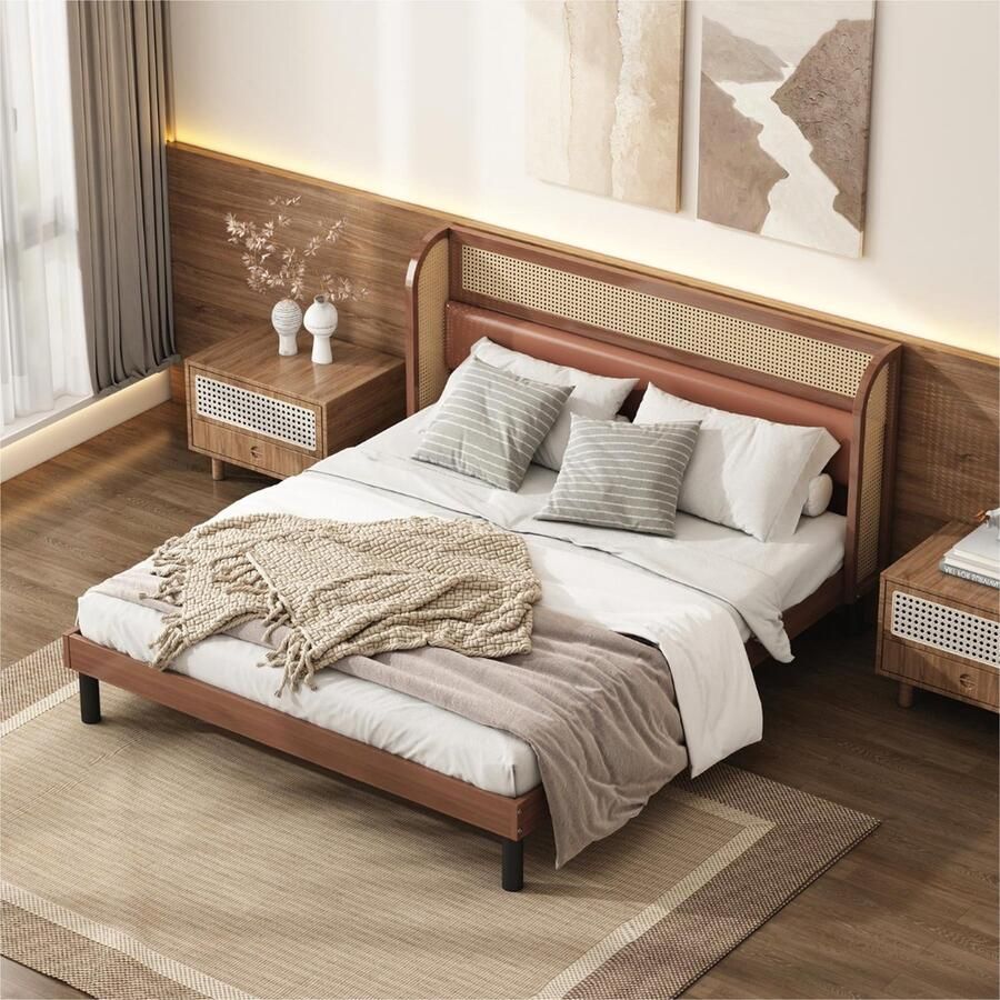 Sweiko Modern platform Tweepersoonsbed met PU kussen en rotan Gebogen oren met rotan materiaal Volwassenenbed met houten lattenboden Pine MDF PVC rotan PU Walnoot 160x200cm