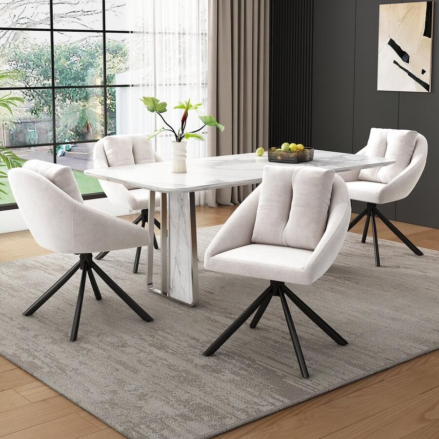 Sweiko Moderne Beige Fluwelen Stoel 4-sets Geschikt voor 360° rotatie Stijlvolle en comfortabele roterende eetkamerstoel ademende fluwelen stof ergonomisch ontwerp elegante Beige roterende stoel